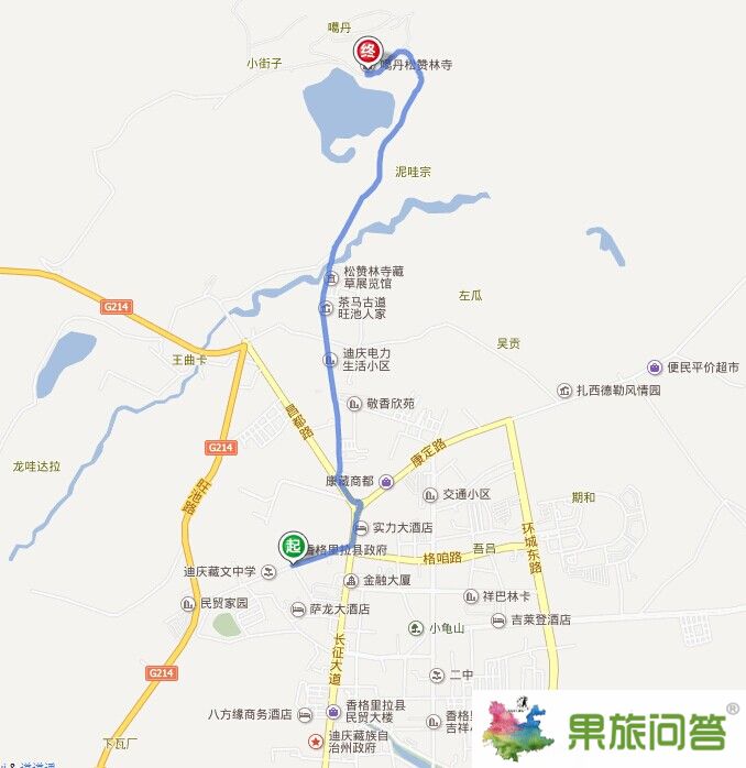 香格里拉縣到噶丹松贊林寺地圖路線(xiàn)
